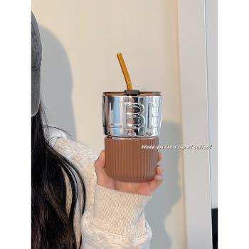 吸管玻璃水杯女生高顏值帶蓋咖啡杯高階感輕奢辦公室喝水杯子家用
