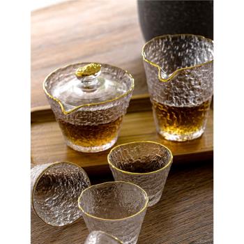 日式錘紋金邊冰露蓋碗功夫茶具耐熱玻璃公道杯手工加厚泡茶品茗杯