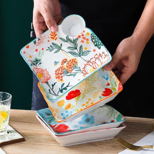 餃子盤帶醋碟分格盤子壽司盤蝦盤高顏值網紅盤子家用創意盤