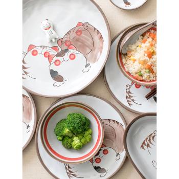 日式和風手繪可愛貓咪米飯碗湯麵碗陶瓷碗釉下彩粗陶餐具家用.