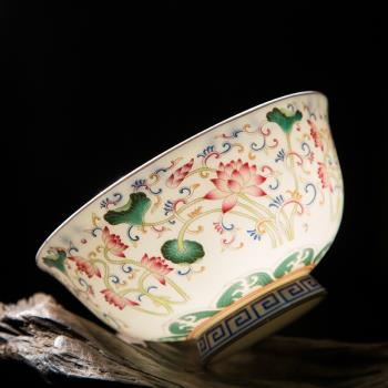 景德鎮仿古陶瓷碗粉彩荷花高腳米飯碗麵碗盤勺碟組合餐具骨瓷碗