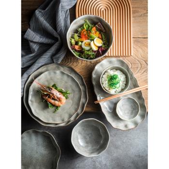 日式窯變陶瓷碗勺餐具復古米飯碗灰色大小號湯碗湯麵碗盤套裝家用