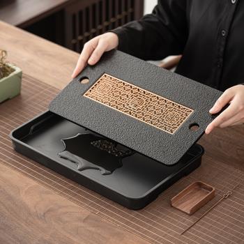 茶具茶盤家用茶托盤輕奢現代小型幹泡臺仿烏金石茶海長方形排水盤