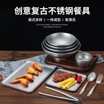 復古不銹鋼拉麵碗斗笠碗雙層飯碗做舊湯碗正方盤小吃盤子露營餐具
