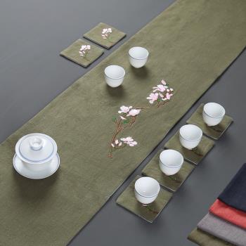 復古刺繡茶席桌布 棉麻禪意桌旗布藝中式桌旗麻布 茶臺布茶具日式