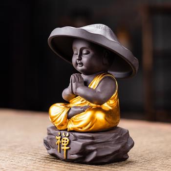 創意紫砂茶漏茶寵 全陶瓷一體過濾網茶濾 茶具配件小和尚禪意擺件