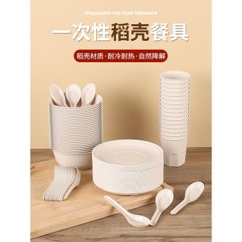 稻殼一次性餐具食品級家用套裝碗筷勺杯子野餐酒席可降解三四件套