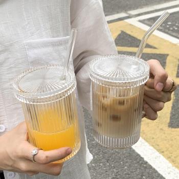 帶蓋吸管玻璃杯子帶把手家用豎條紋咖啡杯 夏季女辦公室ins喝水杯