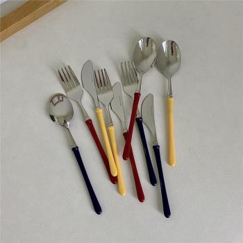 韓國ins同款彩色手柄刀叉勺西餐餐具甜品叉勺304不銹鋼拍照道具