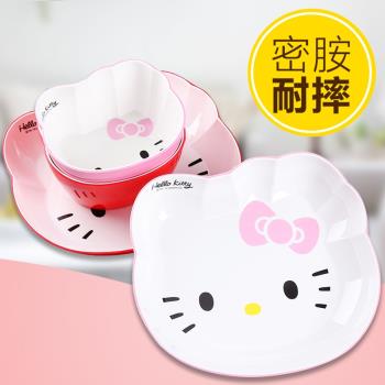 密胺碗仿瓷碗勺子套裝卡通KT貓可愛防摔耐高溫家用兒童餐具密胺盤