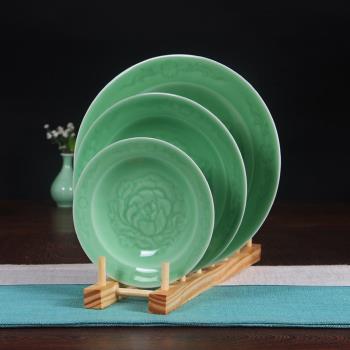 龍泉青瓷盤子菜盤深盤湯盤陶瓷牡丹餐具套裝家用6-10英寸菜碟骨碟