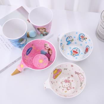 兒童碗勺密胺餐具套裝卡通可愛貓幼兒園寶寶吃飯碗防燙帶把柄湯碗