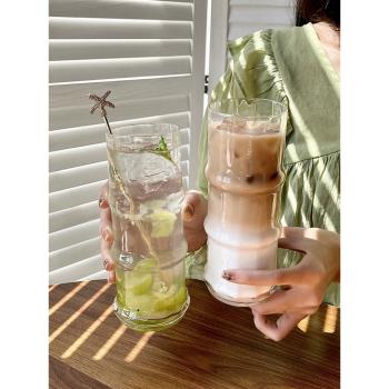 拿鐵咖啡杯ins風竹節玻璃水杯透明家用冰美式拿鐵杯果汁飲料杯子