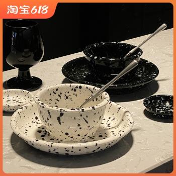 ins風潑墨復古不規則黑白斑點餐具高顏值陶瓷飯碗碟盤子套裝家用