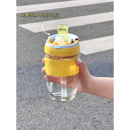 咖啡杯雙層隔熱玻璃杯學生水杯大容量大肚杯帶吸管便攜杯子女生夏