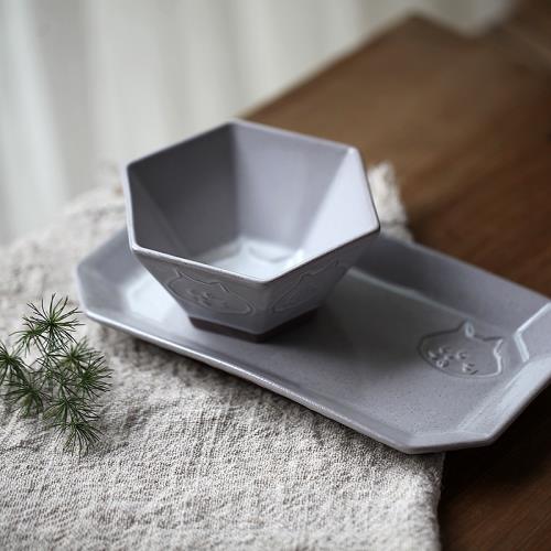 灰釉六角形陶瓷日式貓咪盤子碟子菜碟餐具和風高溫釉下彩小碗復古