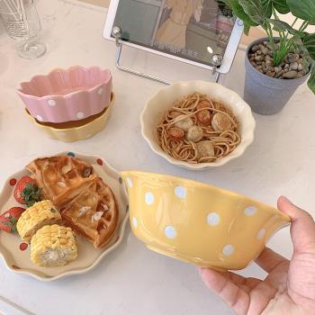 波西米亞風餐具圓點陶瓷碗波點陶瓷盤泡麵碗平盤沙拉碗少女心碗盤