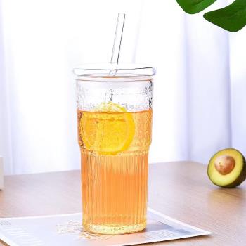 ins大容量玻璃吸管杯創意簡約玻璃杯網紅耐高溫咖啡杯奶茶冷飲杯