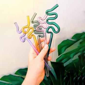 創意藝術造型玻璃吸管彩色異形耐高溫孕婦兒童果汁搞怪扭扭彎管