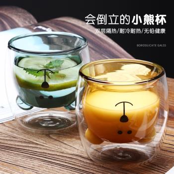 抖音網紅杯貓爪玻璃杯雙層粉色琥珀色透明色小熊咖啡杯隔熱250ml