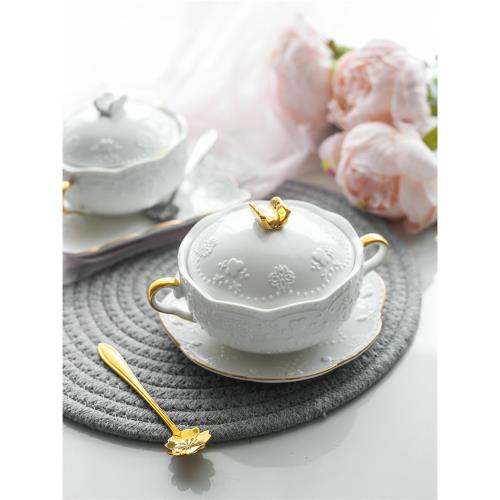 燕窩碗高檔甜品餐具雙耳碗帶蓋銀耳糖水甜品碗粥碗蒸蛋碗陶瓷燉盅