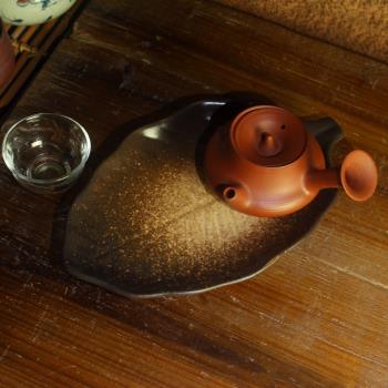 復古樹葉功夫茶盤幹泡臺粗陶茶臺紫砂陶瓷茶具簡約家用茶托盤小號