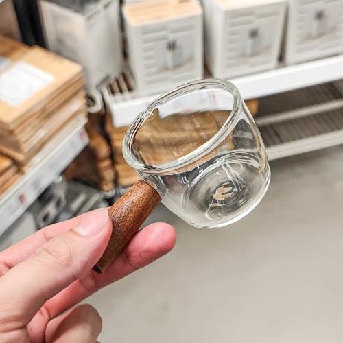 【老板自留款漂亮】玻璃木柄小奶盅迷你咖啡拉花帶柄耐熱小奶壺