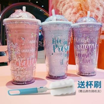 夏季水杯女碎冰杯網紅少女心流沙可愛吸管杯雙層塑膠杯子創意學生