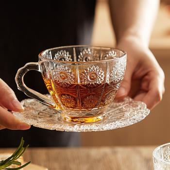 玻璃咖啡杯套裝家用小精緻奢華高顏值咖啡杯子杯碟復古浮雕下午茶