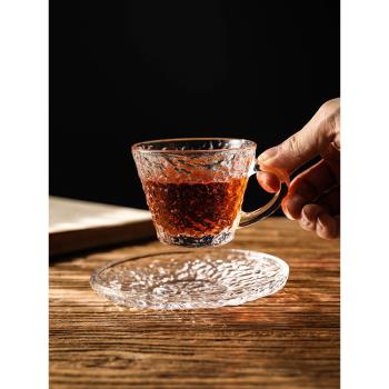 日式錘紋玻璃小茶杯套裝高檔精緻杯子帶把碟子磨砂迷你咖啡杯有耳