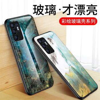 適用oppo reno64g手機殼全包邊防摔opporeno6硅膠保護套彩繪玻璃reno6 4g時尚網紅男女款CPH2235大理石潮牌外