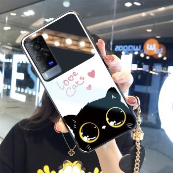 大眼貓vivox60手機殼補妝帶小鏡子x60曲屏版卡通可愛少女心x60Pro保護套vivo防摔全包玻璃鏡面男女款送掛繩