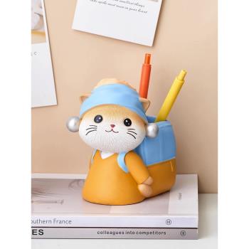 創意可愛貓咪筆筒擺件工位辦公室桌面裝飾兒童生日禮物教師節實用