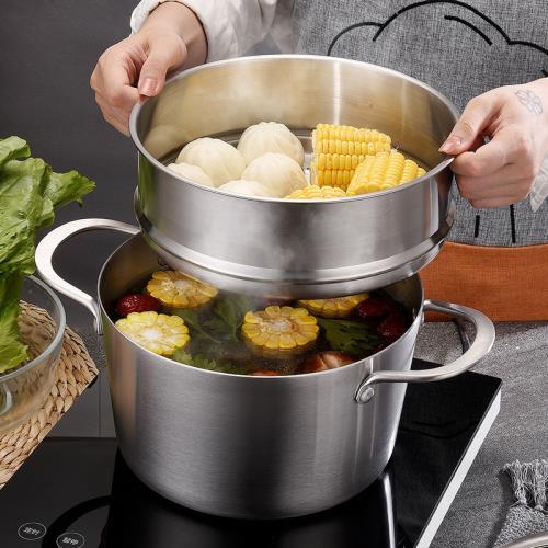 德國雙耳湯鍋304不銹鋼電磁爐燃氣通用帶蒸格一體成型煲湯煮面鍋