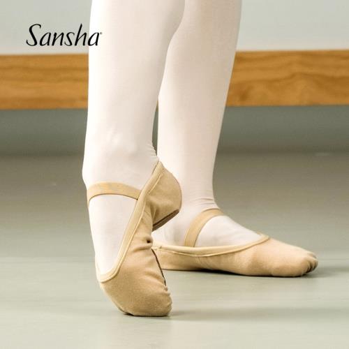 sansha法國三沙兒童舞蹈鞋軟底芭蕾舞鞋 彈力布練功鞋粉色貓爪鞋