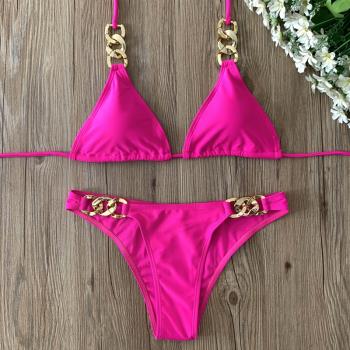 歐美新款泳衣女純色三角比基尼性感小胸帶胸墊高階感三點式bikini