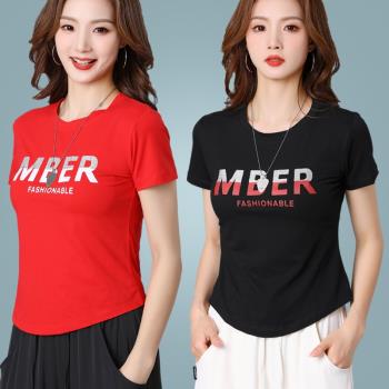 夏季時尚紅色廣場舞服飾新款短袖黑色上衣女單件舞蹈衣服運動衣棉