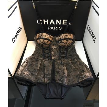 偶像新店 泳衣女法式仙女黑色蕾絲透視網紗裙式連體性感溫泉泳裝