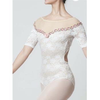舞蹈共和限定款xiaoxiao芭蕾舞連體服練功衣紫色白色蕾絲短袖1507