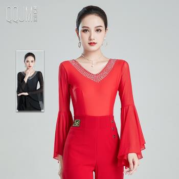 摩登舞上衣女秋新款黑色冰絲喇叭袖國標舞拉丁舞服華爾茲燙鉆長袖