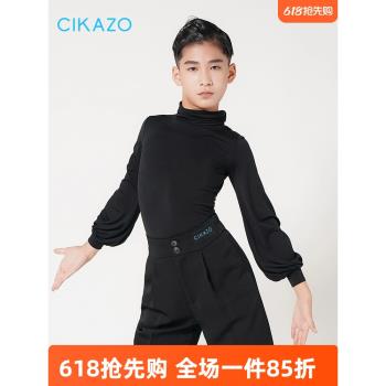 茜卡索 拉丁舞服男童秋冬長袖練功服男孩高領舞蹈訓練服上衣G5128