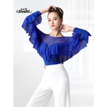 丹寶羅華爾茲上衣女彩藍色長袖連體吉特巴舞蹈服春秋摩登舞練功服