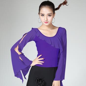 摩登舞服女成人拉丁舞上衣春秋長袖國標交誼舞練功服舞蹈練習上衣