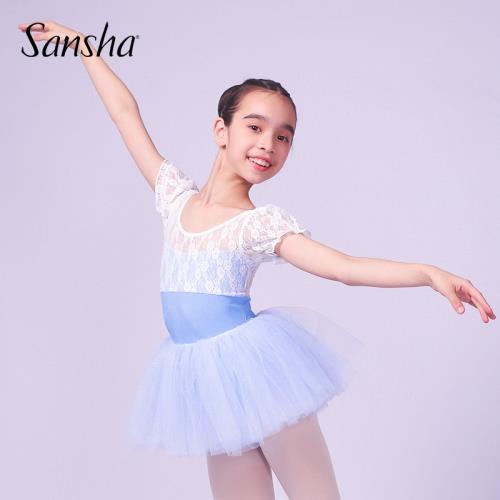 Sansha 三沙兒童舞蹈服女 短袖圓領蕾絲芭蕾舞服連體服開襠練功服