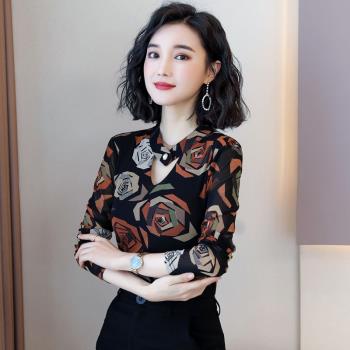 秋冬新款國標摩登交誼舞印花網紗拉丁舞v領長袖廣場舞蹈服上衣女