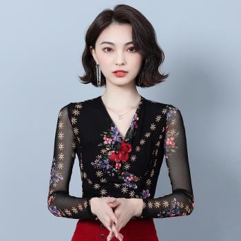 v領印花女春秋國標摩登交誼舞長袖網紗顯瘦上衣拉丁舞廣場舞蹈服