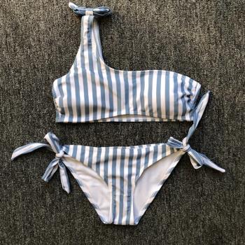 泳裝新款歐美性感比基尼藍白條紋小清新單肩低腰外貿女士分體泳衣