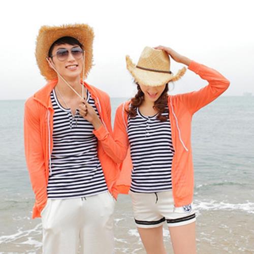 夏季情侶裝沙灘男女通用外衣套裝婚紗照蜜月熒光色游泳衣防曬外套