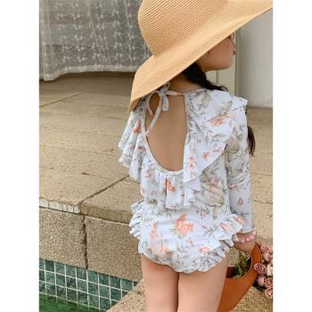 女童夏季新款兒童游泳衣ins高階感甜美花邊長袖防曬連體防曬泳衣