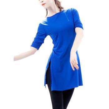 現代舞練功服裝女古典民族舞蹈上衣開叉中長款短袖身韻瑜伽服成人